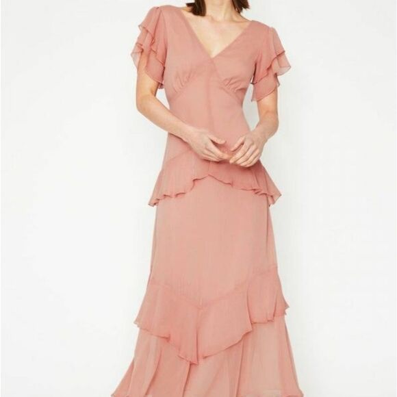 Warehouse tiered maxi dress with ruffles in pink size 8 - Picture 2 of 15